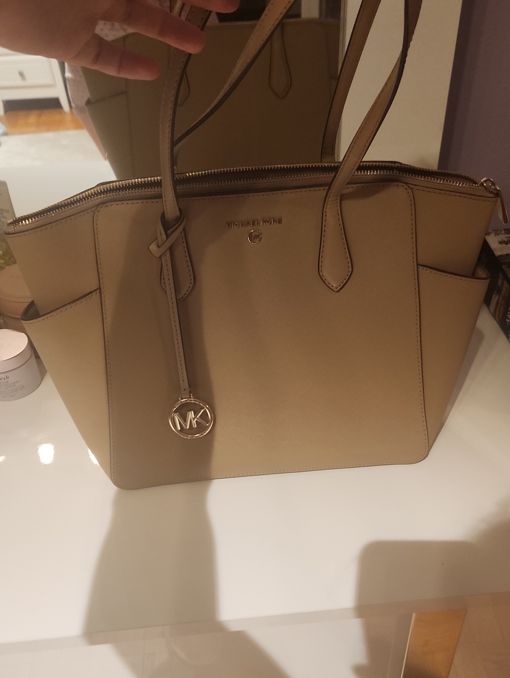 Michael Kors Taupe Saffiano Leather Tote with MK Charm